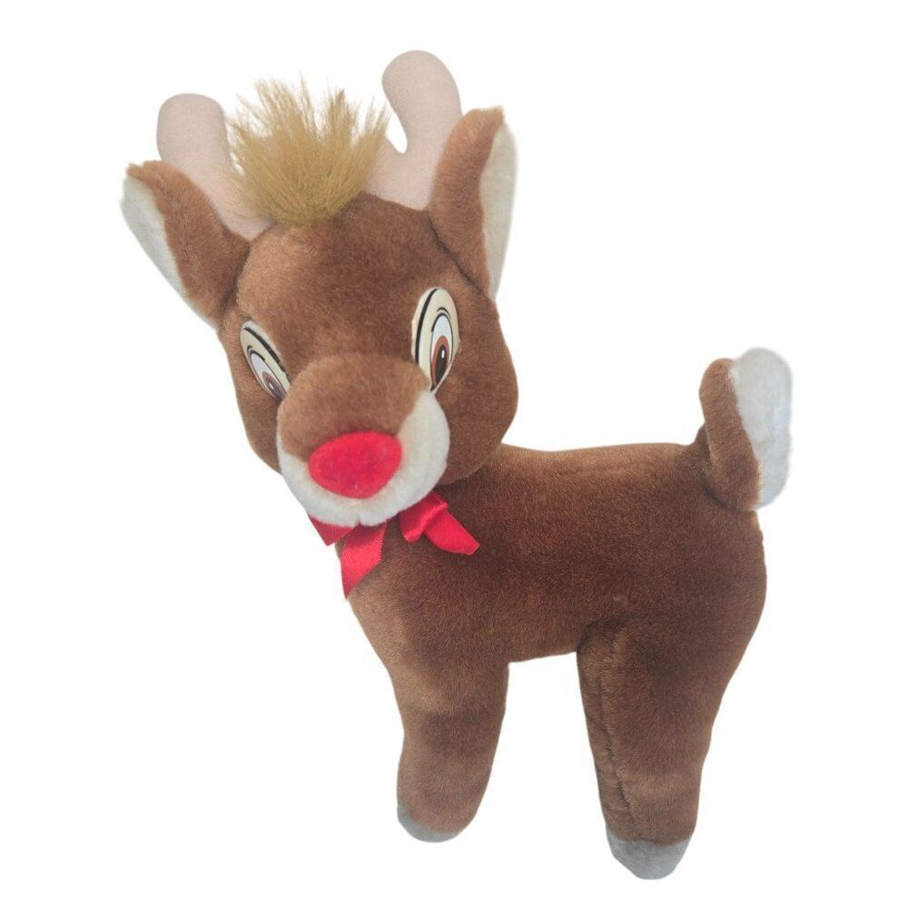 Vintage Applause Rudolph Plush Reindeer Toy With Red Nose & Bow Tie 10"